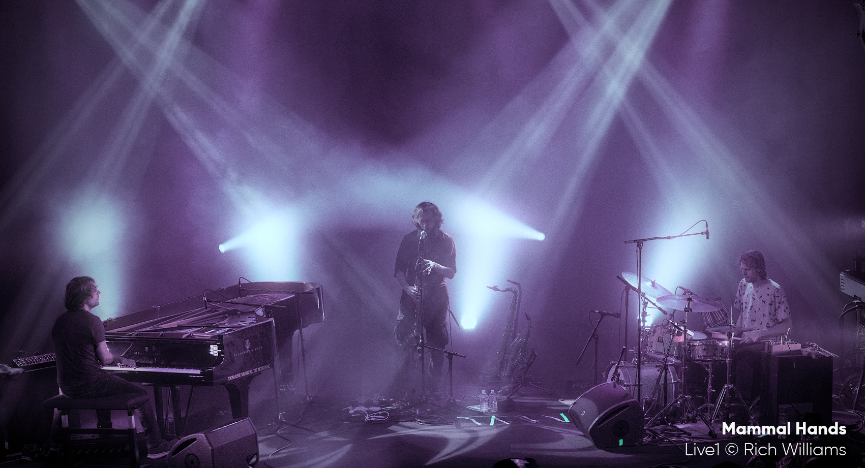 A photo of a live performance of Mammal Hands with blue lighting shining down on the stage. Keyboards on the left, saxophones in the middle and kit on the right.